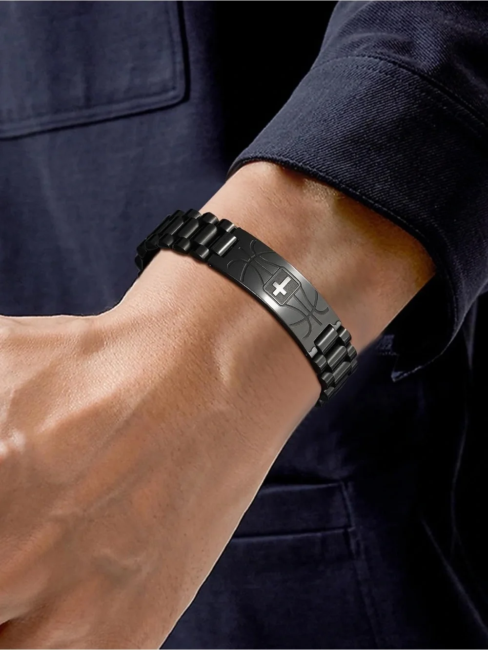 Fashion Jewelry Black Stainless Steel Cross Basketball Link Bracelet